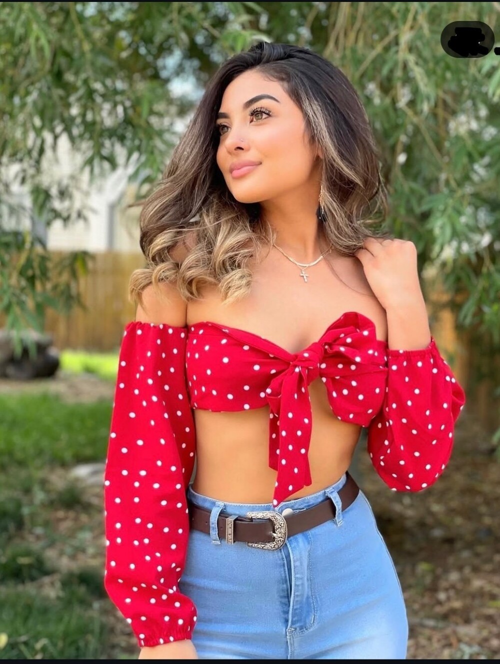 Off-Shoulder Red Polka Dot Tie-Front Crop Top